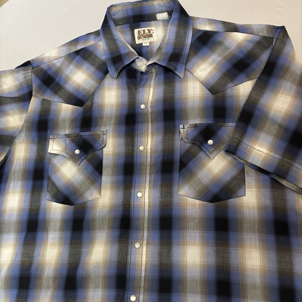 Ely Cattleman XL Blue‎ Plaid Western Snap Shirt Pearl Buttons Cowboy